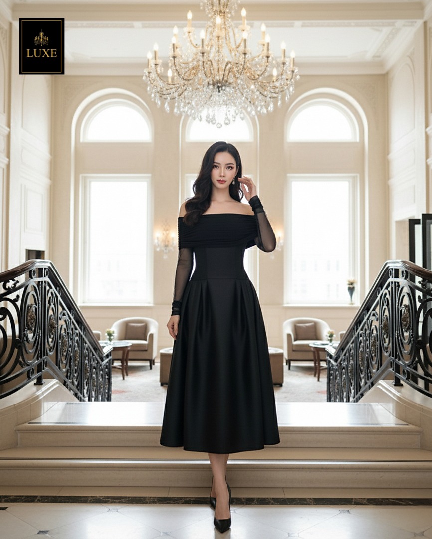 เดรสแฟชั่น เดรสเสื้อแขนยาวเปิดไหล่ กระโปรงยาวคลุมเข่า แขนเสื้อซีทรู