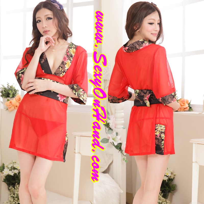 ชุดเซ็กซี่ กิโมโน สีแดงสด แต่งแหวกอก ขอบดำลายซากุระ +สายคาดเอว ลายซากุระ แต่งแหวกขาเพิ่มความเซ็กซี่