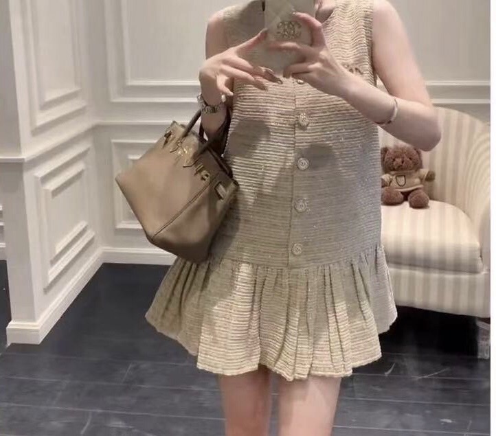 เดรสแฟชั่น เดรสผ้าทวีตสไตล์หรูหรา ติดกระดุมคริสตัล คลาสสิค