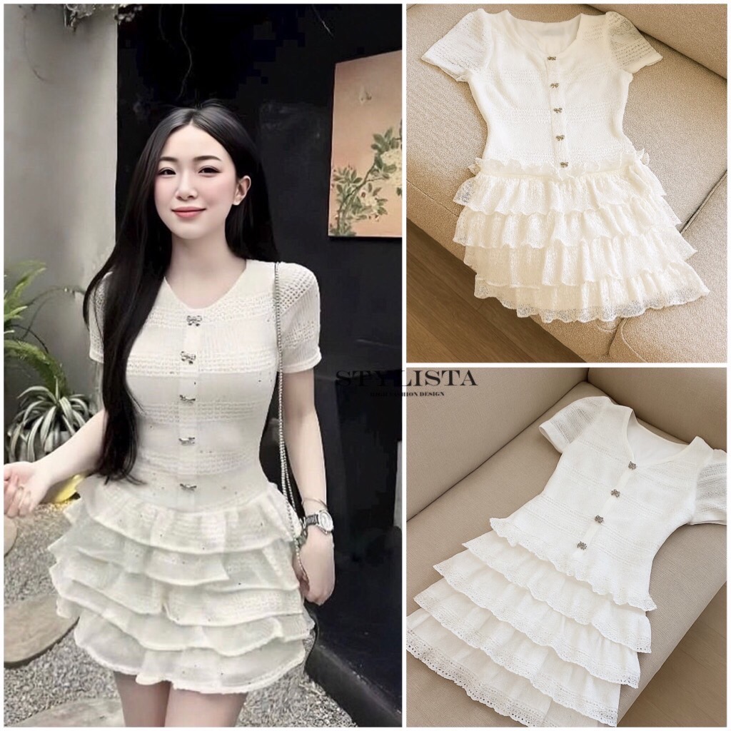 เดรสแฟชั่น เดรสขาวเจ้าหญิงลุคคุณหนูแขนสั้น