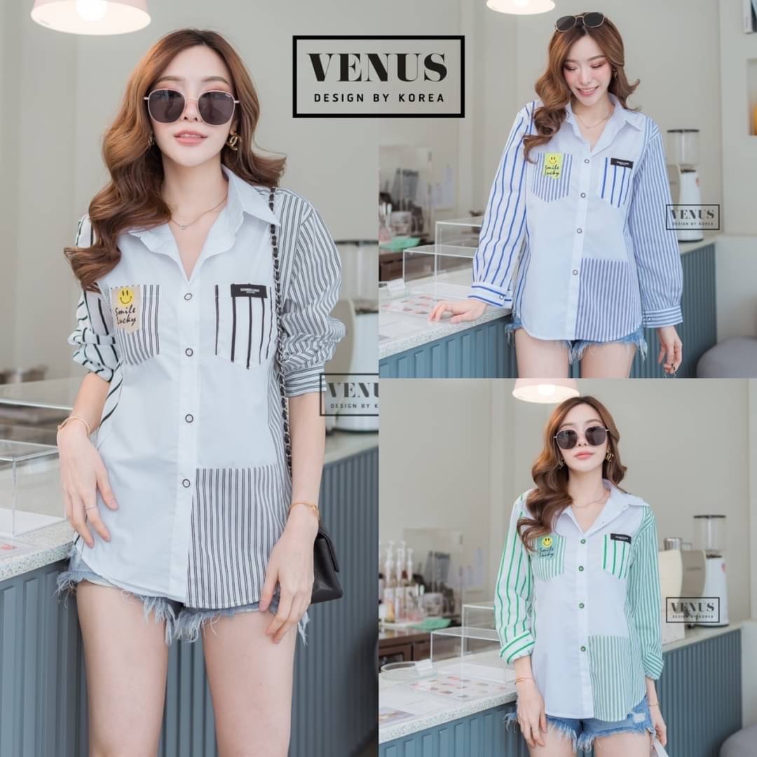 I'm Lady By Venus เสื้อเชิ๊ตสีพื้น แต่งแขนลายริ้ว แต่งกระเป๋า สลับลายกัน งานเก๋มากๆนะคะ เนื้อผ้าเชิ๊ตอย่างดีคะ แม๊ทกับกางเกงยีนขาสั้นก็สวยคะ