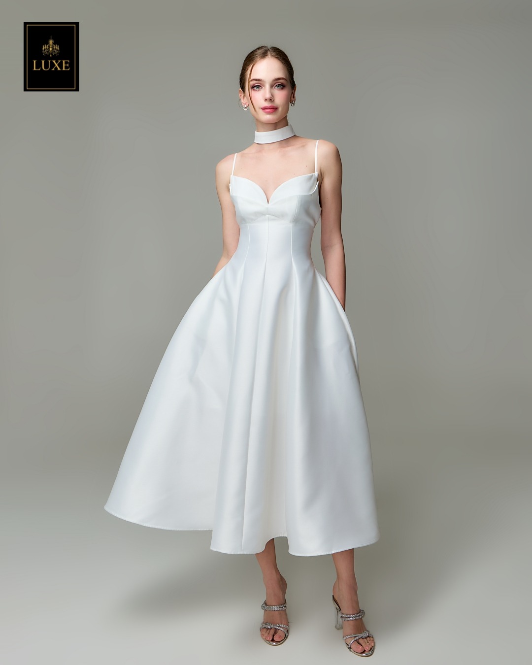 เดรสแฟชั่น เดรสเสื้อสายเดี่ยว ดีเทลหน้าอกโค้ง ซ้อน2เลเยอร์ กระโปรงบานทรงวงกลม