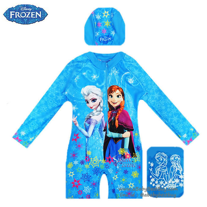 ฮ Size M - Swimsuit for Girls ชุดว่ายน้ำ เด็กผู้หญิง Disney Frozen Fever ชุดบอดี้สูทซิบหน้า สีฟ้า เสื้อแขนยาวกางเกง สกรีนลาย เจ้าหญิง อันนา เอลซ่า มาพร้อมหมวกว่ายน้ำและถุงผ้า สุดน่ารัก ใส่สบาย ดิสนีย์แท้ ลิขสิทธิ์แท้ (สำหรับเด็กอายุ 5-6 ปี)