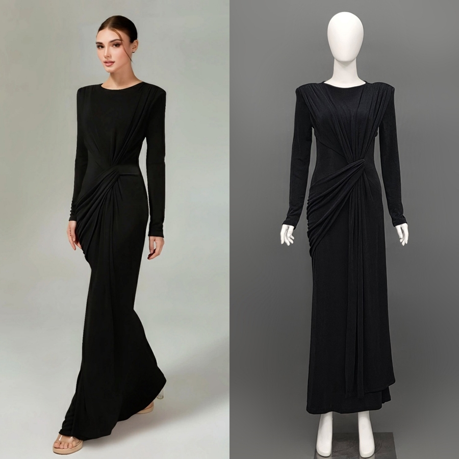 เดรสแฟชั่น แม็กซี่เดรสเสื้อคอกลมแขนยาว เสริมไหล่ กระโปรงยาวคลุมข้อเท้า