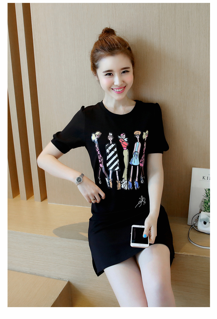 เดรสแฟชั่นผ้าคอตตอน พิมพ์ลายแก๊งการ์ตูนแฟชั่นผู้หญิง สีดำ