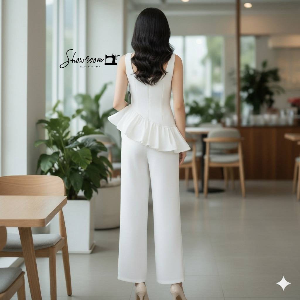 ชุดเซทแฟชั่น ตัวเสื้อชายตัดต่อระบายดูเก๋มาก กางเกงขายาวทรงสวย ใช้ผ้าอย่างดีในการตัดเย็บ