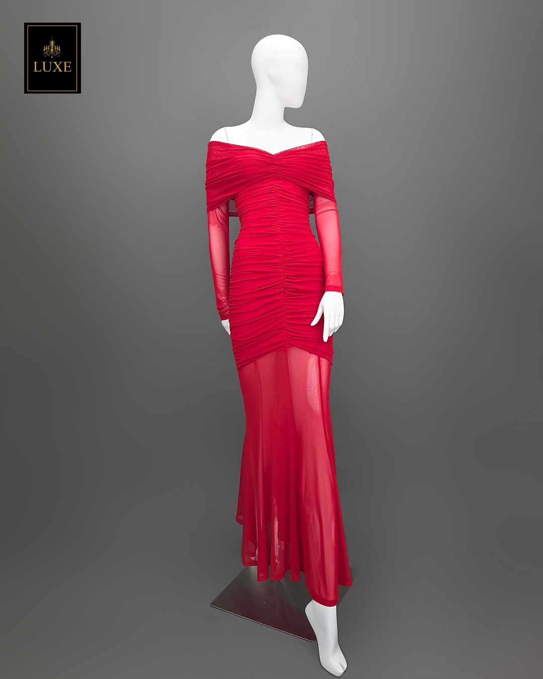 เดรสแฟชั่น แม็กซี่เดรส เสื้อแขนยาวเปิดไหล่ ดีเทลจับเดรป