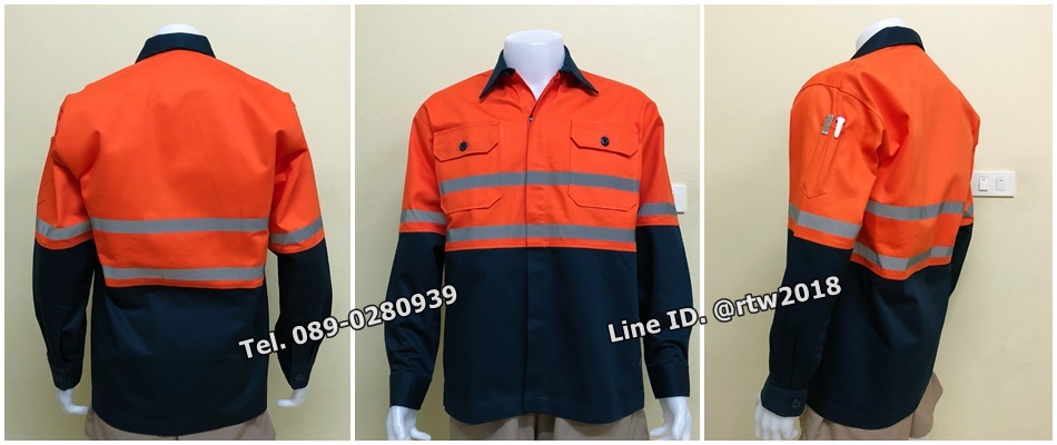 รหัส A66 : เสื้อช่างแขนยาวผ้าคอมทวิวแบบกรมอกส้มสะท้อนแสงเทาอกคู่