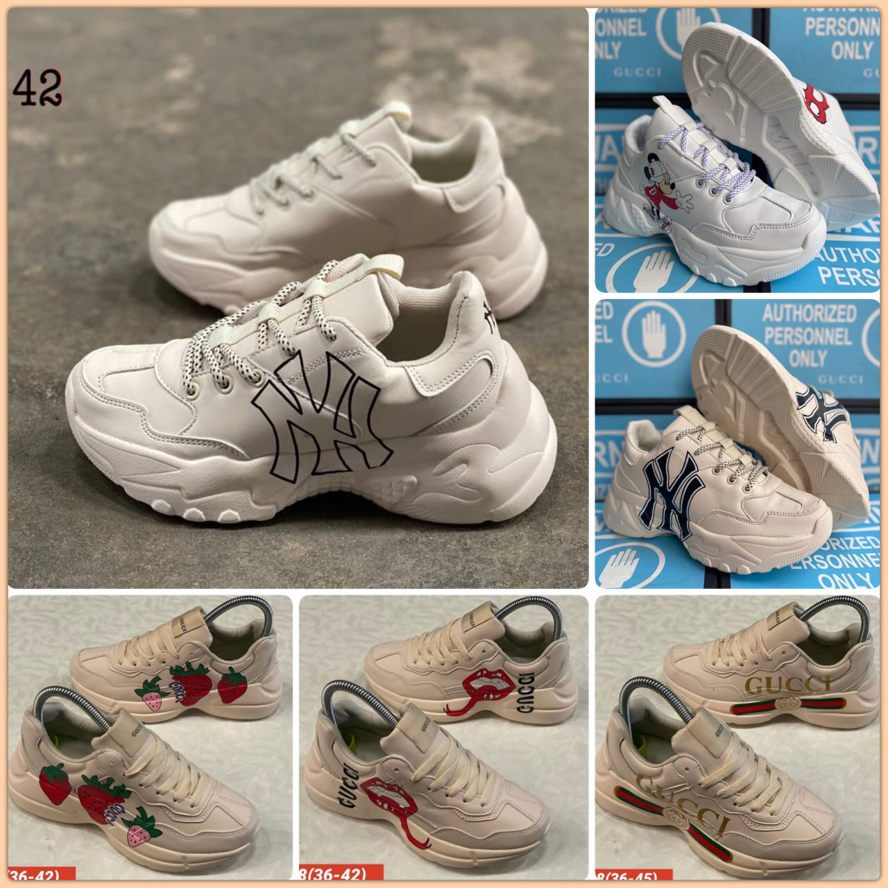 พร้อมส่ง รองเท้าผ้าใบก็อปแบรนด์ NY กุชชี่ เสริมส้น หนังนิ่ม งานสวยมากกกคะ พื้นแบรนด์