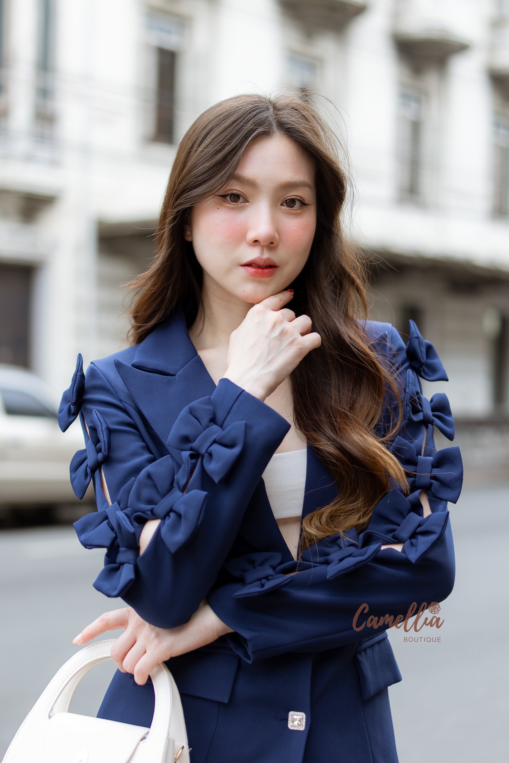 ชุดเซทแฟชั่น ชุดSet เสื้อBlazer แขนโบแต่งกระดุมเพชรด้านหน้า