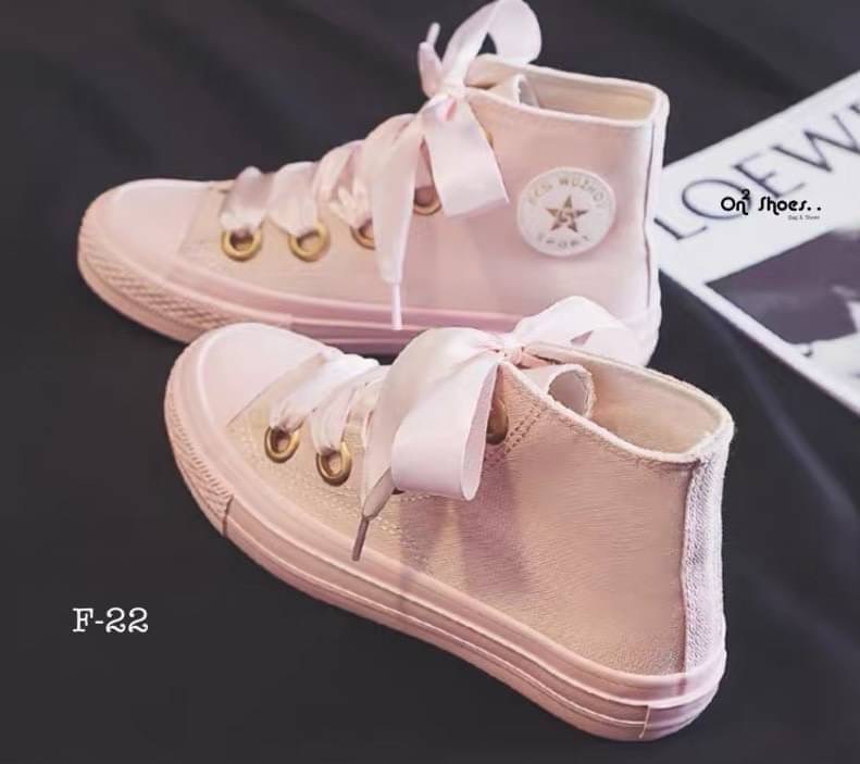 รองเท้าผ้าใบหุ้มข้อสไตล์แบรนด์ สายผูกโบว์ งานน่ารักเกาหลีมากกก มี 3 สี