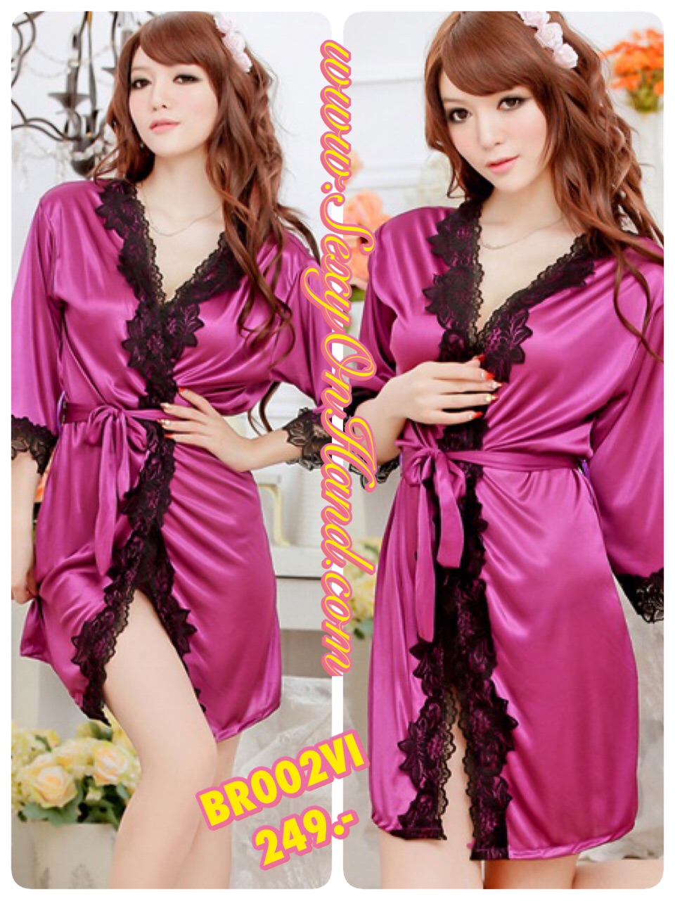 ชุดเซ็กซี่ ชุดนอน เซ็กซี่ ชุดคลุม เซ็กซี่ ชุดคลุมผ้าซาติน สีม่วงเล่นขอบลูกไม้สีดำ หรูมาก พร้อมสายผูก +จีสตริง
