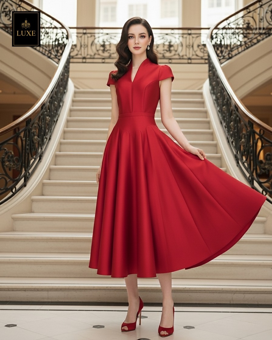 เดรสแฟชั่น เดรสเสื้อคอตั้ง แขนสั้น กระโปรงบาน