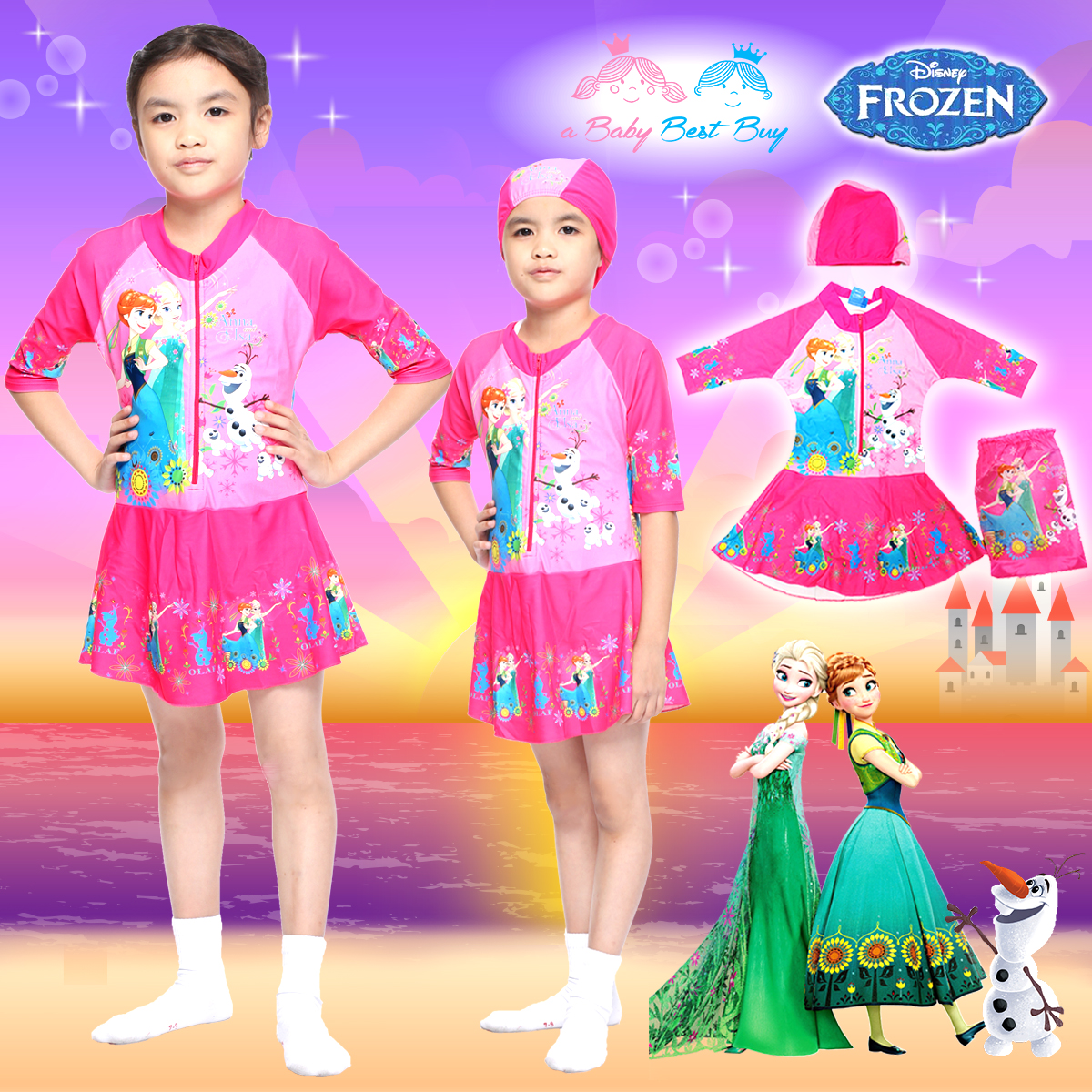 ( For Kids ) - Swimsuit for Girls ชุดว่ายน้ำ Disney Frozen Fever ชุดกระโปรงซิบหน้า สีชมพู เสื้อแขนยาว สกรีนลาย เจ้าหญิง อันนา เอลซ่า มาพร้อมหมวกว่ายน้ำและถุงผ้า สุดน่ารัก ใส่สบาย ดิสนีย์แท้ ลิขสิทธิ์แท้