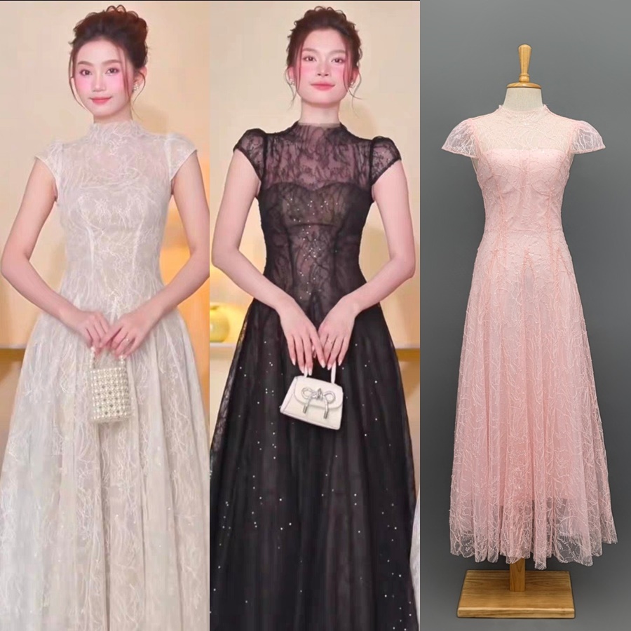 เดรสแฟชั่น เดรสเสื้อคอกลมแขนเต่อ กระโปรงบาน ดีเทลซีทรูที่บ่าและแขน