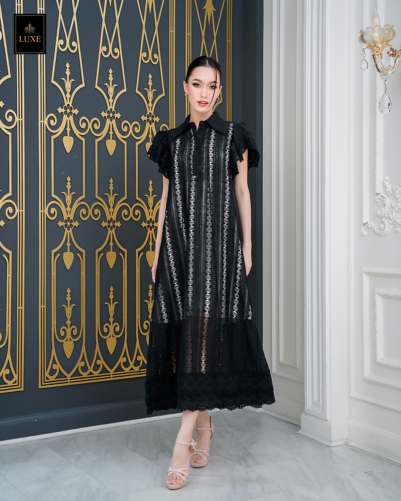 เดรสแฟชั่น เดรสเสื้อคอปกแขนระบาย กระโปรงทรงเอ แพทเทิร์นตัวหลวมใส่สบาย