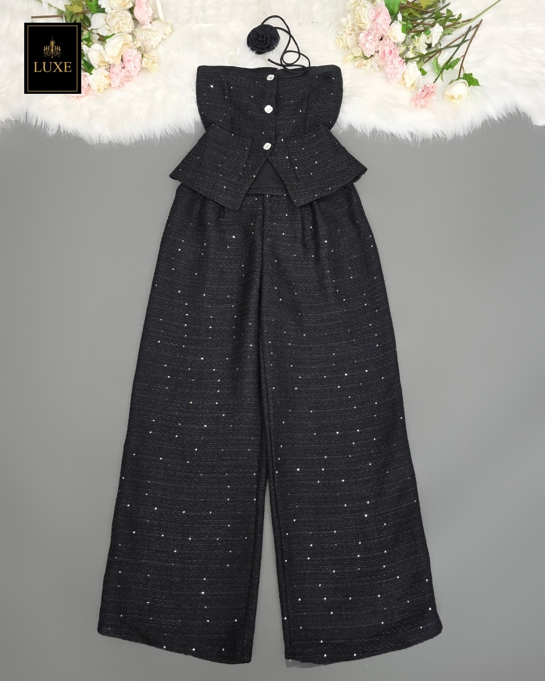 ชุดเซทแฟชั่น เซ็ตเสื้อเกาะอกทรงหลวม+กางเกงเอวสูงขากระบอกกว้าง