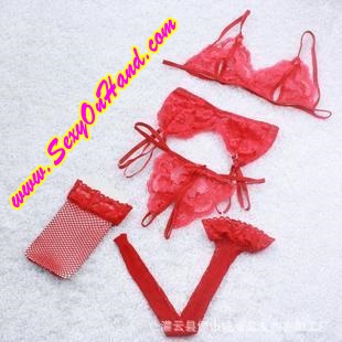 ชุดชั้นใน ชุดบิกินี่ ลูกไม้เซ็กซี่ ซีทรู สีแดง สวยเซ็กซี่ พร้อม จีสตริง +สายรัดถุงน่อง +ถุงน่อง ขอบลูกไม้