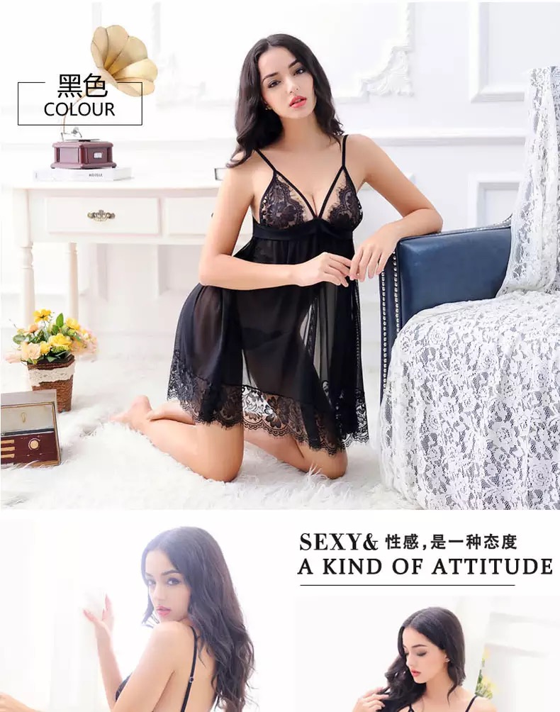 ชุดนอน เดรสซีทรู สีดำ แต่งลูกไม้ซีทรู เนื้อผ้าสวย ทิ้งตัว คุณหนูมากๆคะ