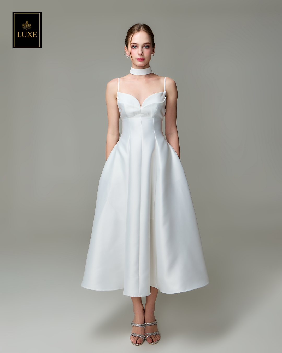 เดรสแฟชั่น เดรสเสื้อสายเดี่ยว ดีเทลหน้าอกโค้ง ซ้อน2เลเยอร์ กระโปรงบานทรงวงกลม