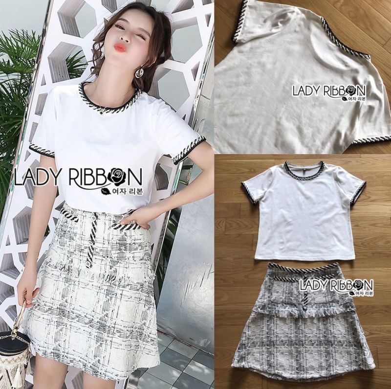 Lady Ribbon's Made Lady Hannah Basic with a Twist T-Shirt and Tweed Skirt Set เซ็ตเสื้อยืดเรียบๆและกระโปรง ลุคนี้ใส่แล้วเหมือนสาวปารีสเลยค่า น่ารักสุดๆ เสื้อยืดเหมือนจะธรรมดาแต่มีดีเทลเก๋ๆที่เข้ากับกระโปรงที่คอเสื้อและชายแขนเสื้อ กระโปรงเป็นทรงเอวสูง