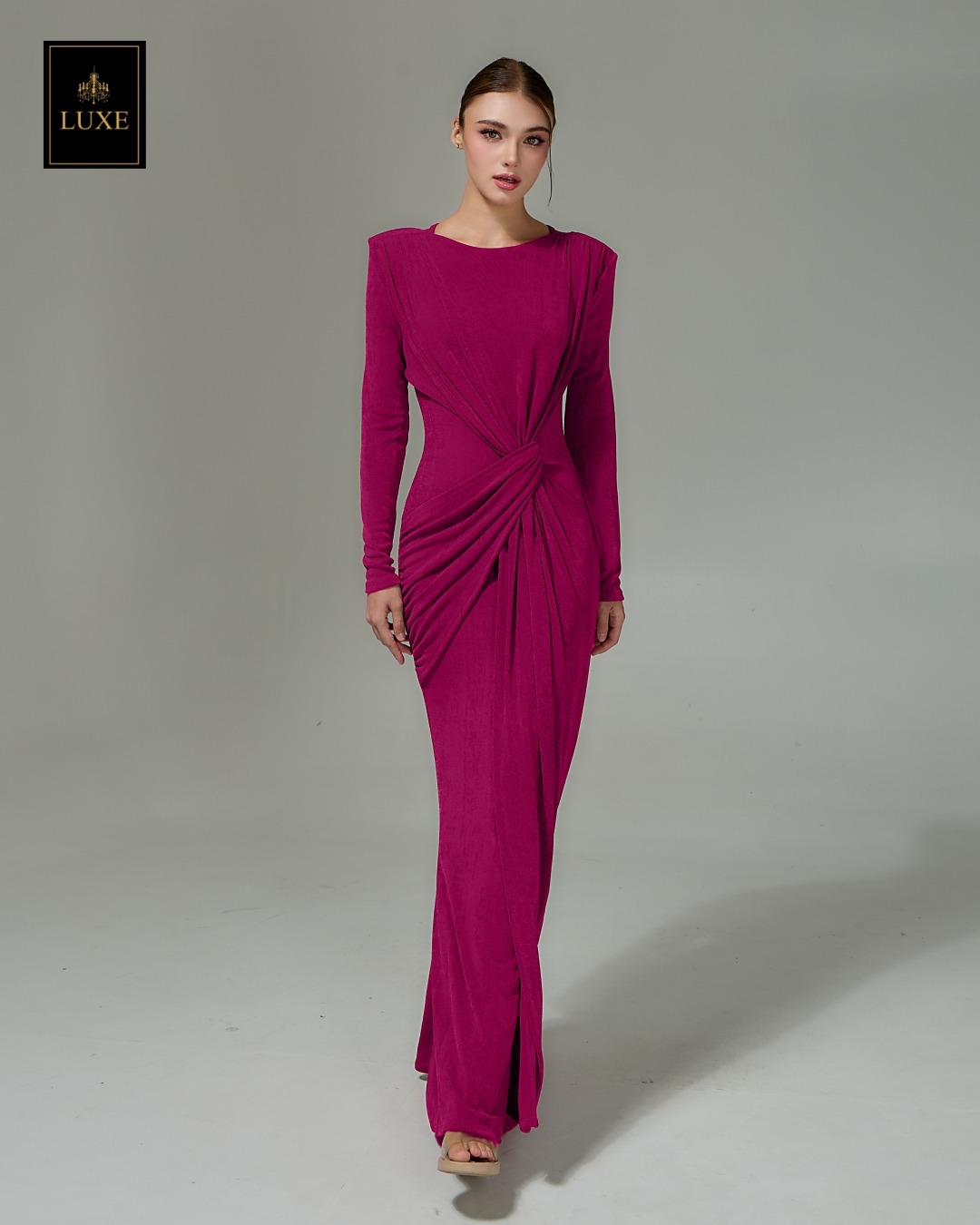 เดรสแฟชั่น แม็กซี่เดรสเสื้อคอกลมแขนยาว เสริมไหล่ กระโปรงยาวคลุมข้อเท้า