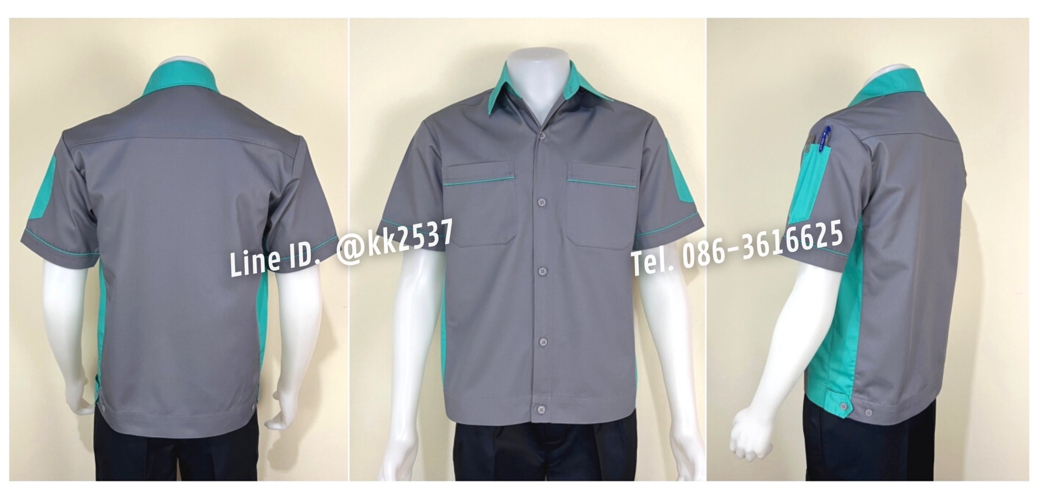 รหัส A 216 เสื้อช่างแขนสั้นแบบเทาข้างเขียวอ่อน(สั่งตัด)