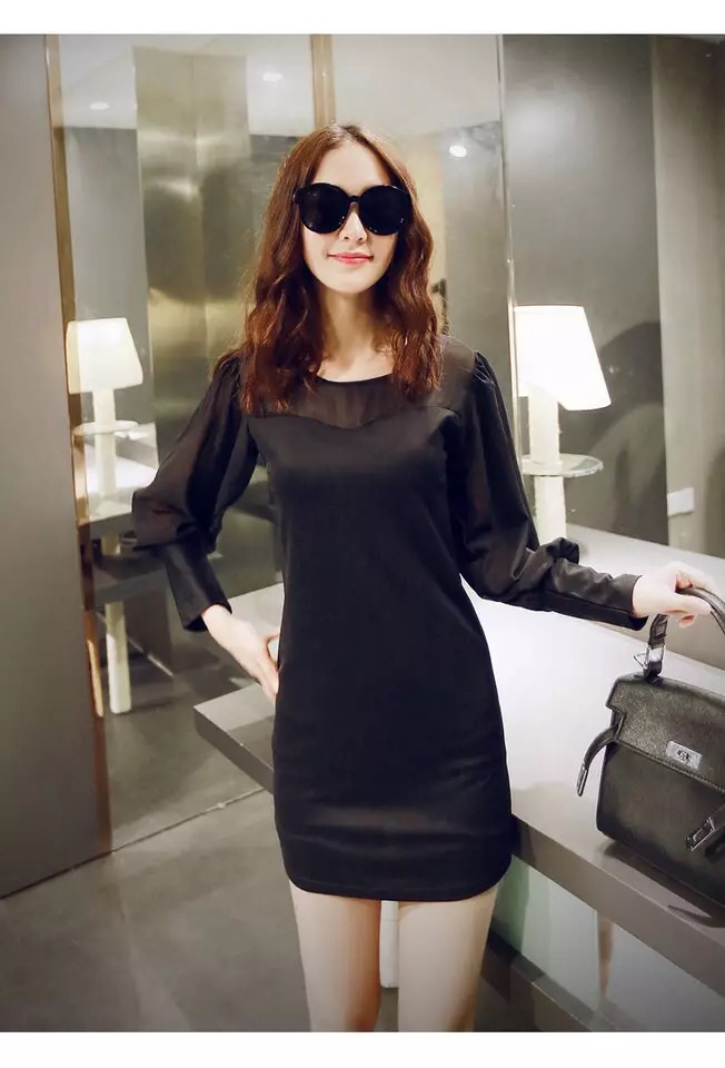 เดรสแฟชั่น ชุดออกงาน ชุดสาวออฟฟิศ เดรสออกงานกลางคืน สีดำ เซ็กซี่ แขนพองแต่งผ้าชีฟอง ปลายจั๊ม ตัวชุดผ้าโทเลย์ เกรด AAA แบบสวยเหมือนในรูปเลยคะ/ ไซส์ M
