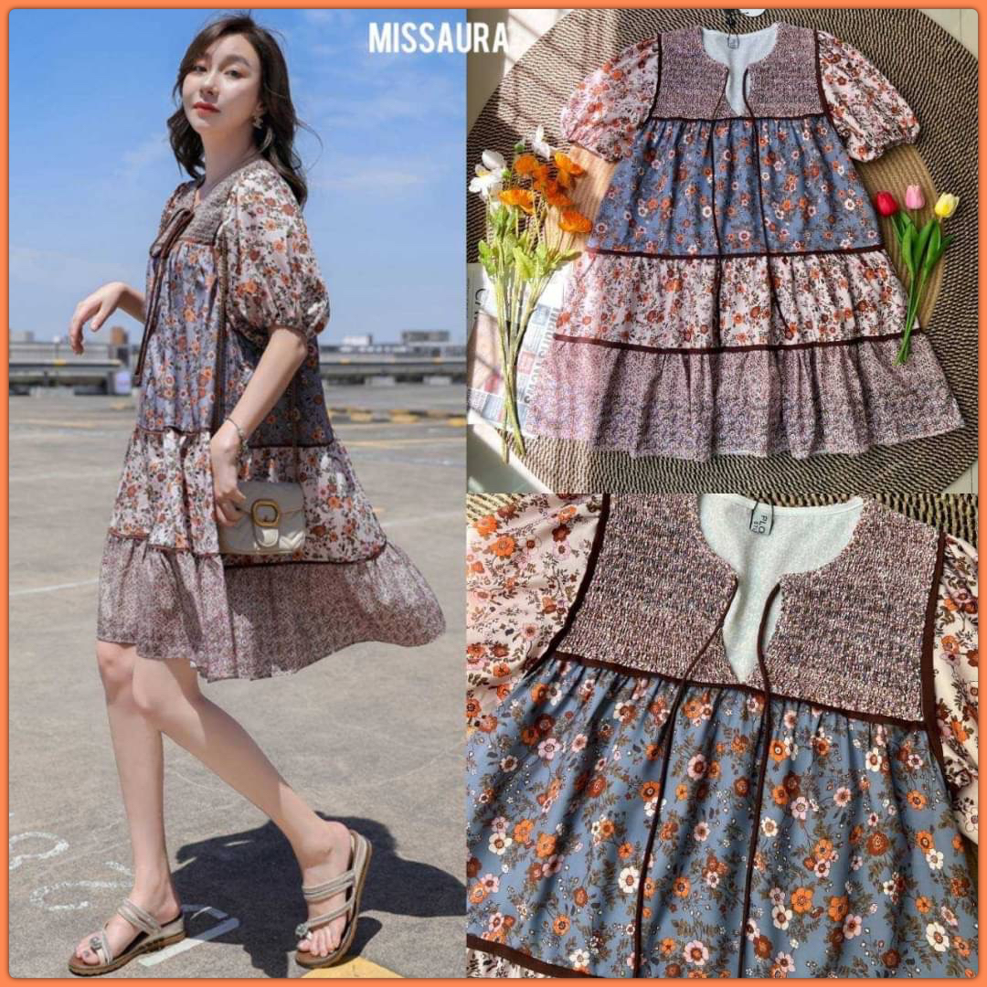 🍂Romaine Dress🍂 เดรสเกาหลี โทนสีน้ำตาลช่วงฤดูใบไม้ผลิบาน สวยมากก สีน้ำตาลส้มโทนอุ่นๆ ดีเทลน่ารักเข้ากับลายผ้า คอสม๊อคกุ้นขอบทั้งตัว แขนบอลลูนพอง กระโปรงระบายออกเป็นชั้นๆ เพิ่มความหวานให้ตัวเดรส ลายผ้าสลับกันสวยมากค่า ซัมเมอร์นี้ห้ามพลาดน้อ