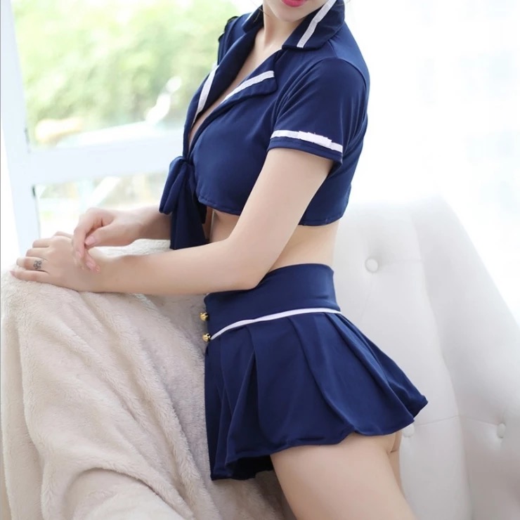 ชุดคอสเพลย์ ตำรวจสาว สีน้ำเงิน ชุดยูนิฟอร์ม กะลาสีเรือ สีน้ำเงิน แต่งเอวลอย กระโปรงจีบพีซ สวย เก๋ สำเนา