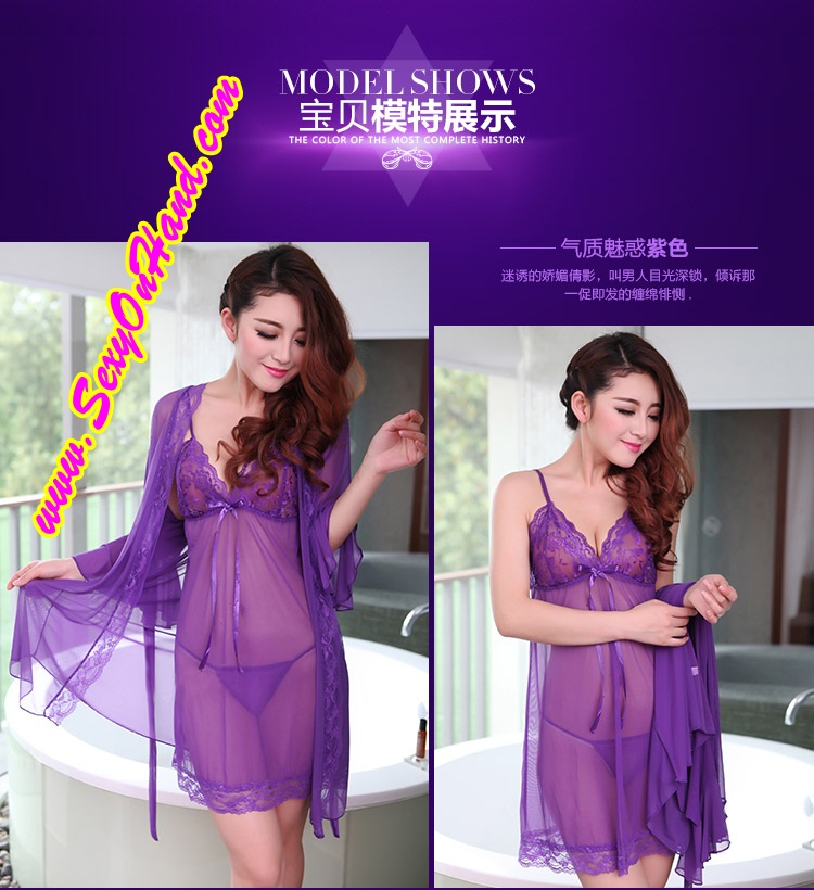 ชุดคลุม เซ็ท ชุดนอนสายเดี่ยว แต่งระบายเนื้อผ้าซีทรู สีม่วง ผ้าเกรดพรีเมี่ยม ทิ้งตัว สวยหรู มีน้ำหนัก ในเซ็ทประกอบด้วย :ชุดคลุมตัวนอก +สายเดี่ยว +G-string