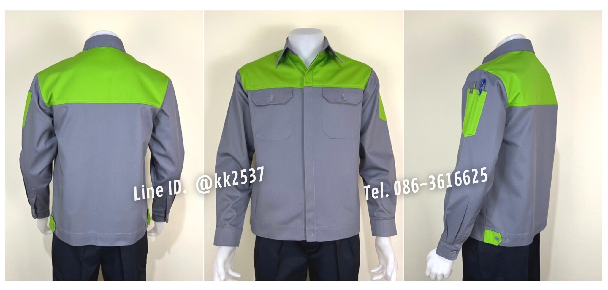 รหัส A 269 เสื้อช่างแขนยาวผ้าคอมทวิวสีเทาอกเขียวอ่อนกระดุมซ่อนสาบ(สั่งตัด)