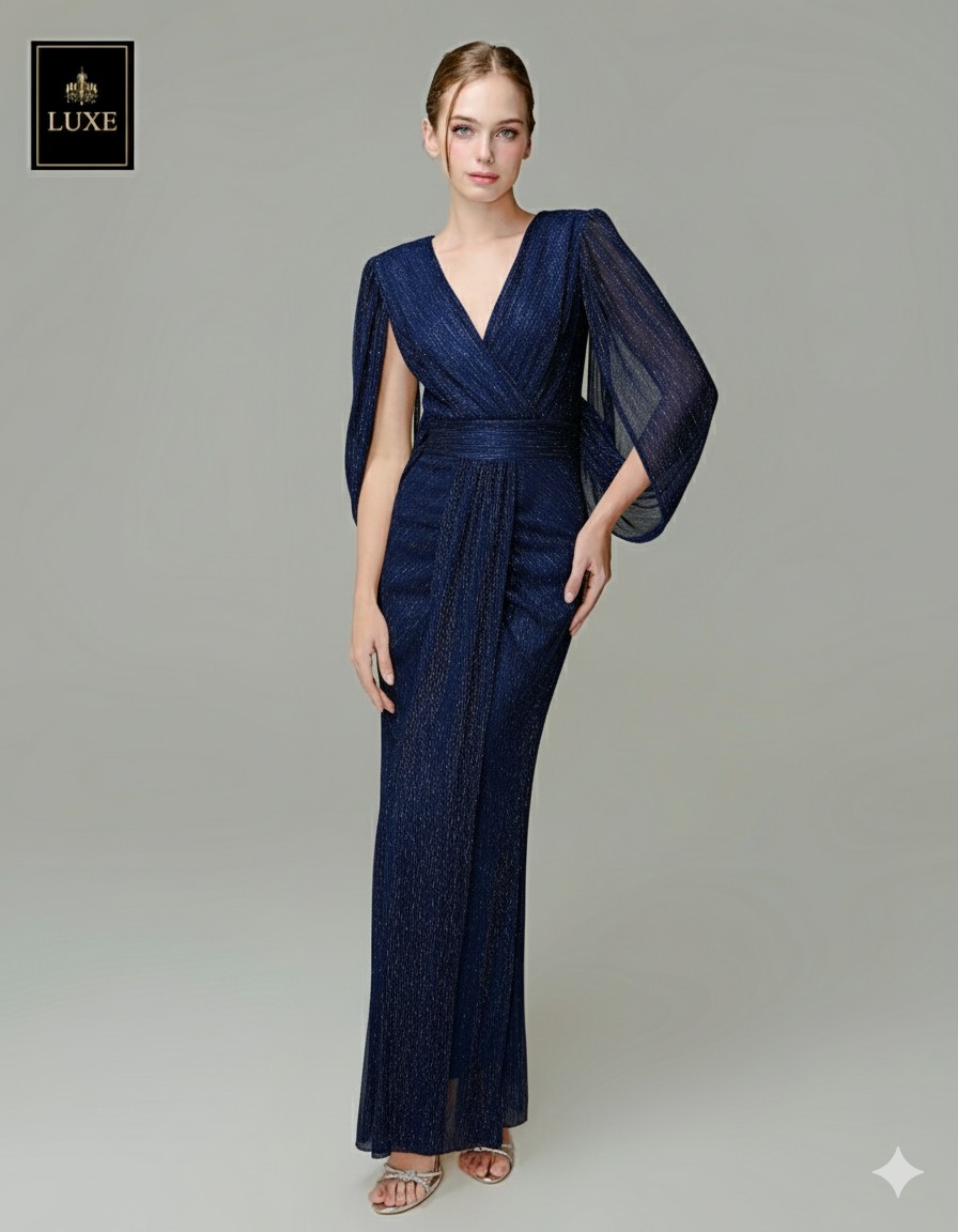 เดรสแฟชั่น แม็กซี่เดรสเสื้อคอวีคลุมแขน กระโปรงเข้ารูปตรงสะโพก