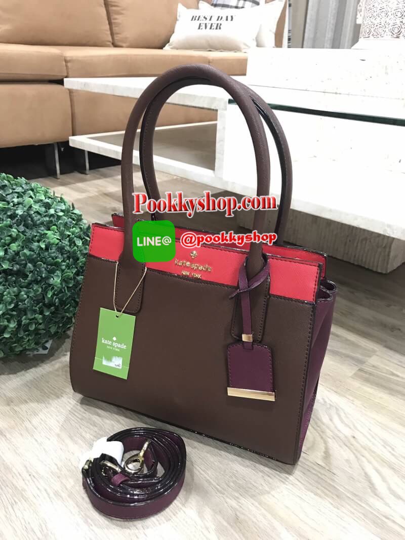 พร้อมส่งรุ่นหายาก! Kate Spade New York Women's Cameron Street Candace Satchel (Apple jelly / Merlot / Mahogany) กระเป๋าถือหรือสะพายหนัง Saffiano สวยอยู่ทรงสไตล์ PRADA รุ่นนี้โดดเด่นที่สี Multicolor สุดชิค ด้านหน้าประดับโลโก้แบรนด์อะไหล่ทอง พร้อมสายสะ