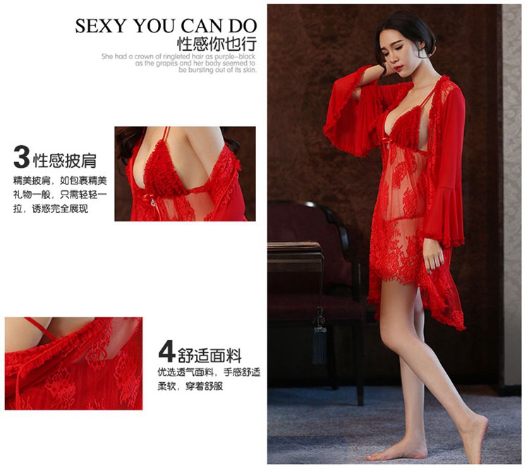 เซ็ทชุดคลุมนอน เซ็กซี่ set ชุดคลุมนอนซีทรูสีแดง แต่งลูกไม้ซีทรู เนื้อผ้าทิ้งตัว สวยหรูมากคะ (ในเซ็ทประกอบด้วย ชุดคลุม+สายเดี่ยว+ G-string)