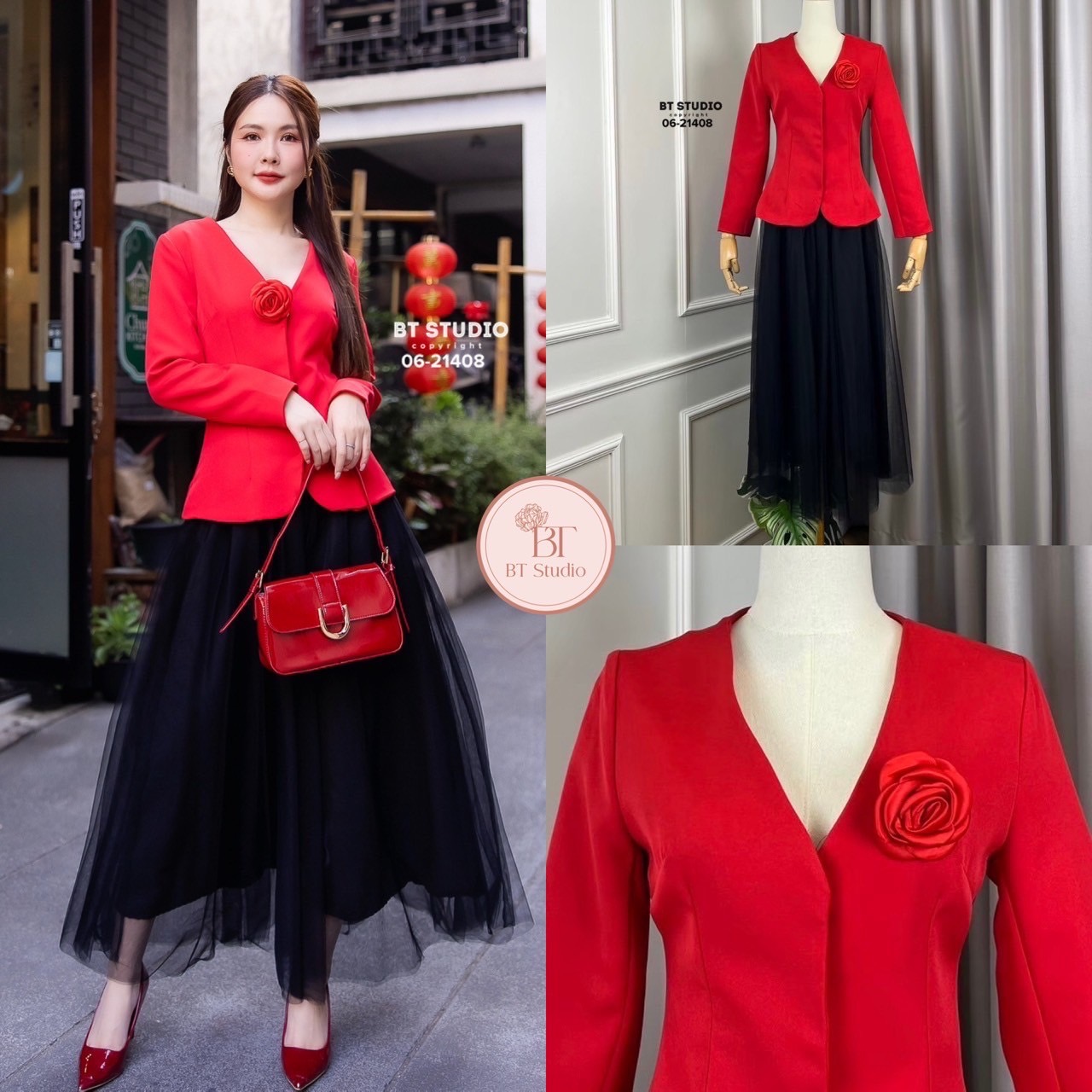 ชุดเซทแฟชั่น เซท 3 ชิ้น เสื้อเบเซอร์แขนยาวแต่งติดแป๊กด้านหน้า มาพร้อมเข็มกลัดโบ แมทซ์กับกระโปรงเอวสูง