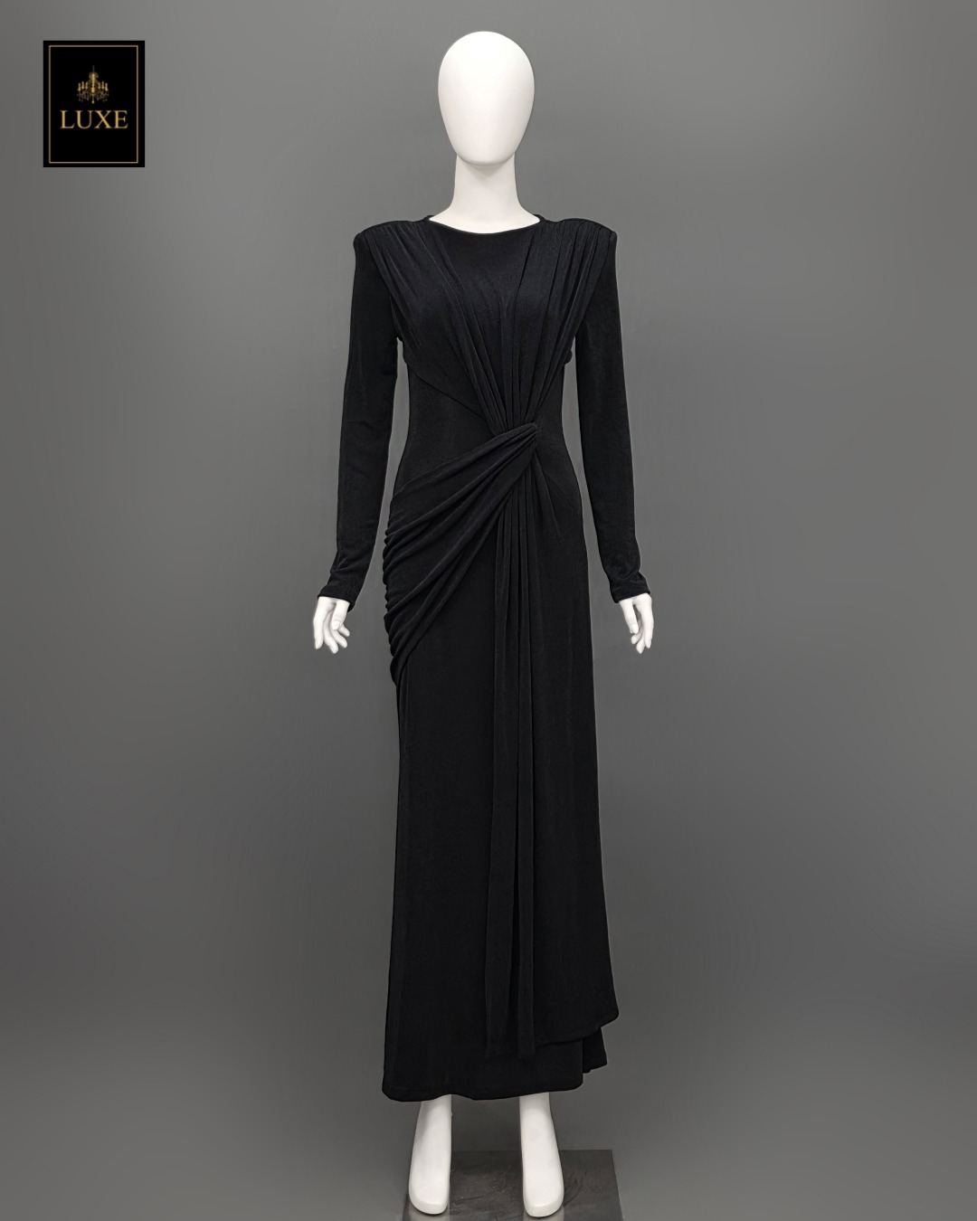 เดรสแฟชั่น แม็กซี่เดรสเสื้อคอกลมแขนยาว เสริมไหล่ กระโปรงยาวคลุมข้อเท้า