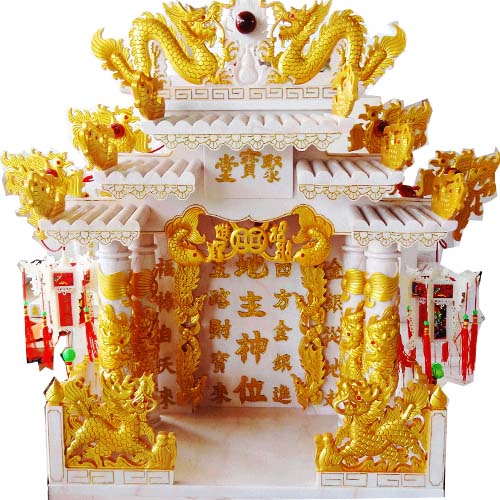ศาลเจ้าที่หินอ่อน (ตี่จู้หินอ่อน ตี่จู้เอี๊ยะ) ขนาด 24นิ้ว(รุ่นมหาเศรษฐี) 4 เสา 5 หลังคา 8ปลา 8หงส์ 8มังกร หินสีขาวพ่นทอง