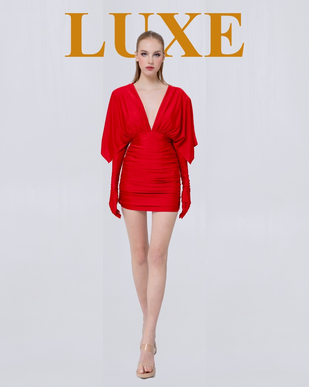 เดรสแฟชั่น เดรสกระโปรงเข้ารูป เสื้อคอวีแขนในตัว มาพร้อมถุงมือยาว