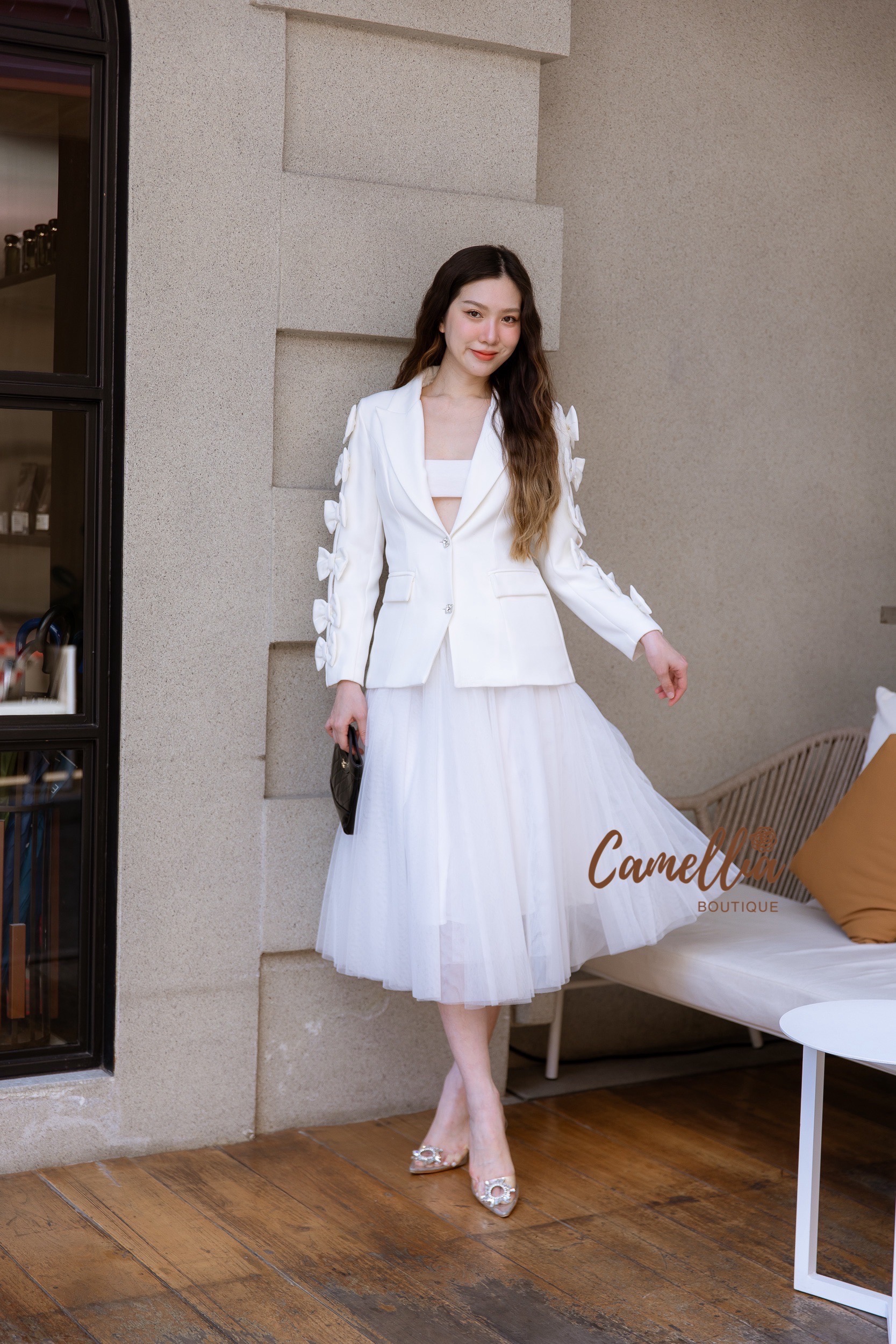 ชุดเซทแฟชั่น ชุดSet เสื้อBlazer แขนโบแต่งกระดุมเพชรด้านหน้า