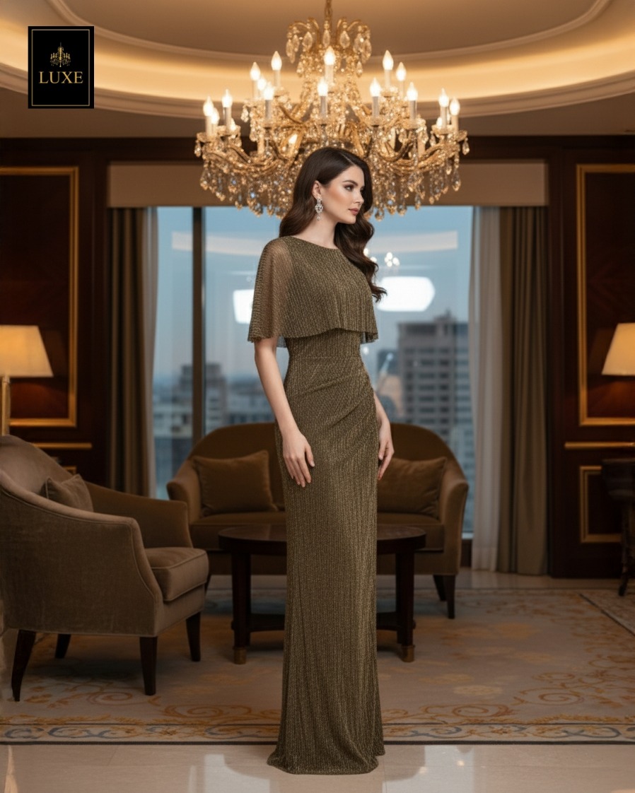 เดรสแฟชั่น เดรสเสื้อคอกลมแขนกุด ดีเทลเป็นเสื้อคลุมไหล่ในตัว กระโปรงทรงสอบจับเดรป