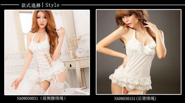 ชุดนอนเซ็กซี่ ชุดนอน ซีทรู ชุดนอน เดรสสั้น ผ้าซาติน แต่งซีทรูลูกไม้ เกรดดีเนื้อนุ่ม สีขาว แบบชุดสไตล์คอร์เซ็ต สีขาว แต่งริบบิ้นร้อยด้านหน้า เซ็กซี่ วับๆแวมๆ กระโปรงแต่งระบายลูกไม้2ชั้น (ตัวชุดมีสายรัดถุงน่องในตัว) +G string เข้าชุด