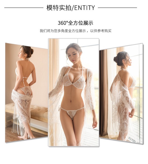 ชุดคลุมเซ็กซี่ ชุดคลุมซีทรู + Bikini set สีขาว สวยหรู แต่งชาย พู่ระย้า เซ็กซี่มากๆคะ สำเนา