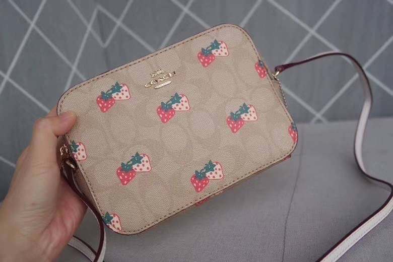 Coach MINI CAMERA BAG IN SIGNATURE CANVAS WITH STRAWBERRY PRINT IM/KHAKI MULTI Signature coated canvas with smooth leather details| Two credit card slots| Inside multifunction pocket| Zip closure, fabric lining| Outside open pocket| Adjustable strap with
