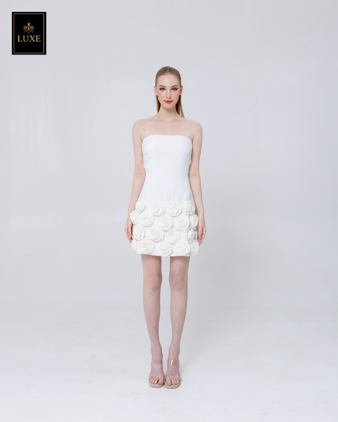 เดรสแฟชั่น เดรสเสื้อเกาะอก กระโปรงทรงเอ ทำจากผ้าฝ้ายผสมโพลีเอสเตอร์ เนื้อนุ่มยืดหยุ่น ใส่สบาย