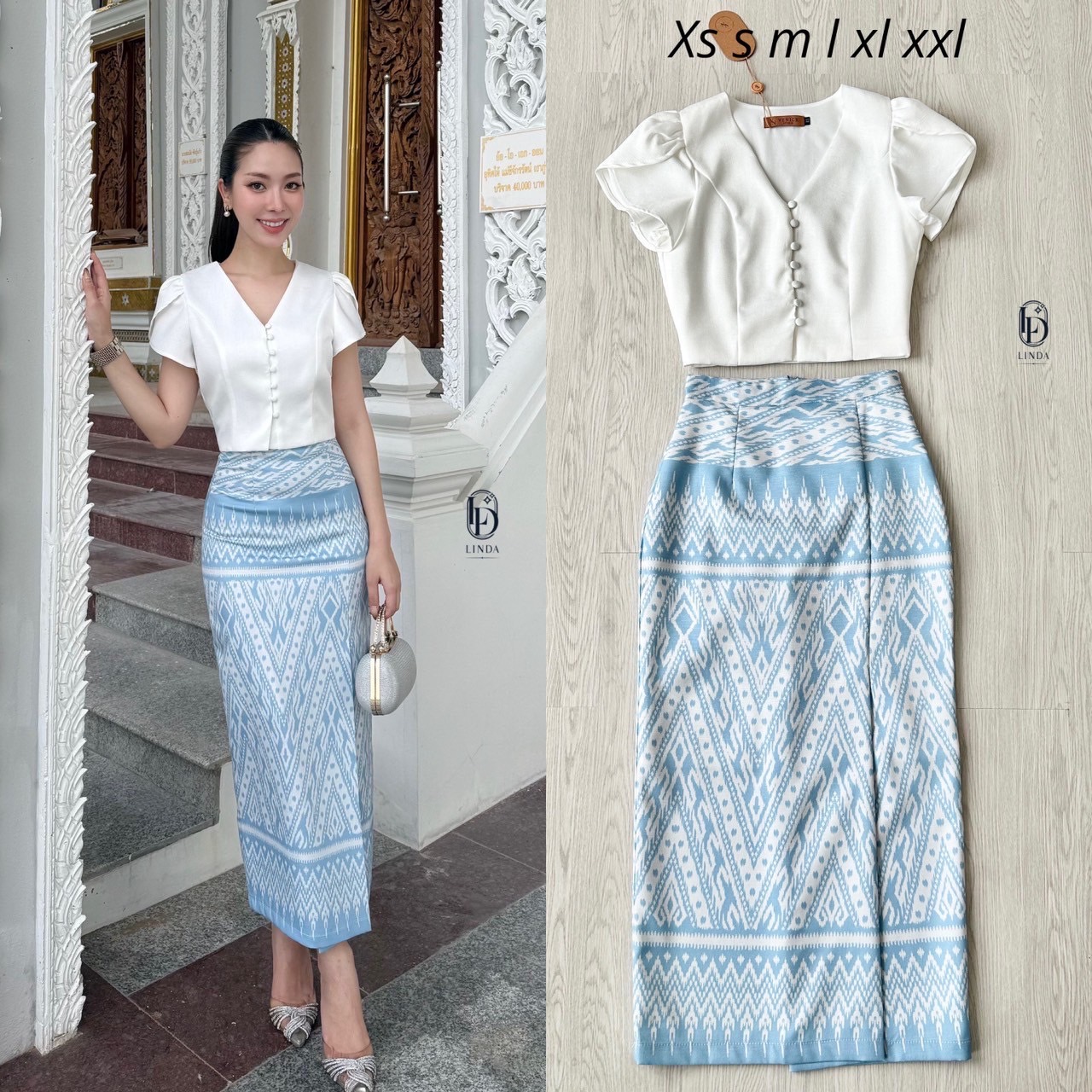 ชุดเซทแฟชั่น ชุดไทยสองชิ้นผ้าถุงเป็นผ้าพิมพ์ลายเกรดพรีเมี่ยม มีด้วยกันสองสีนะคะ สีฟ้าและสีชมพู
