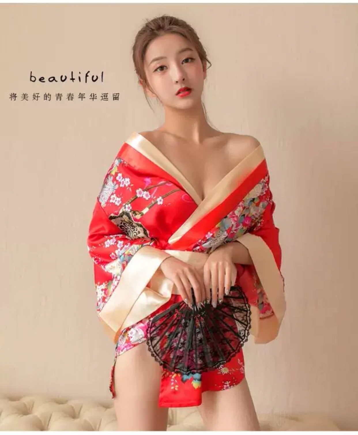 ชุดกิโมโน ซากุระ สีแดง ทอง แต่งสายคาด โบว์สำเร็จรูป สำเนา สำเนา