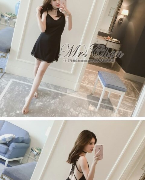 ชุดนอนเซ็กซี่ ชุดนอนสายเดี่ยว สีดำ แต่งสายลูกไม้ปักด้านหลัง สวยเปรี้ยว เนื้อผ้ายืด เกรดพรีเมี่ยม นุ่มลื่น เย็นสบาย +G-string