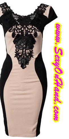 ชุดเดรสสั้น ชุดเที่ยว ชุดปาร์ตี้ เดรสสั้น ผ้ายืด เนื้อซัพพอร์ทอย่างดี แต่งฉลุลูกไม้ดำ สีน้ำตาลอ่อนและดำทูโทน