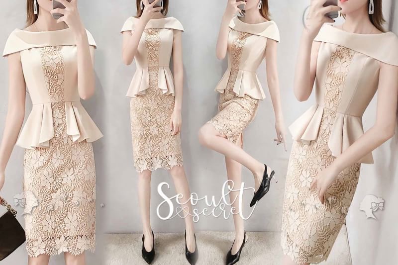 By SEOUL SECRET Seoul Secret Say'...Minidress Lace Design expensive Cream coler Material : งานมินิเดรสสวยหรูดูไฮคลาสมากคะ ดีไซน์มีระดับด้วยลูกเล่นเป็นเดรสทรงเปิดไหล่ งาน Cuttingเป็นผ้าเย็บซ้อนพับลงมาช่วงอกนะคะ ทรงแขนกุด เนื้อผ้าด้านนอกเป็นผ้าเรียบๆไม